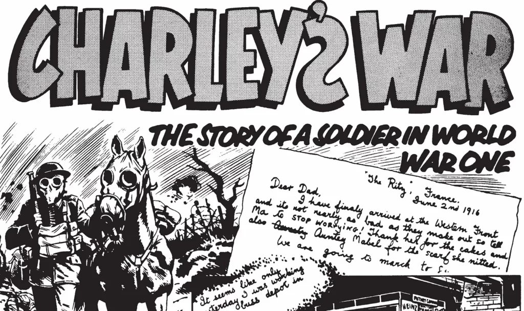 The opening panel of “Charley’s War”, by Pat Mills co-created with artist Joe Colquhoun