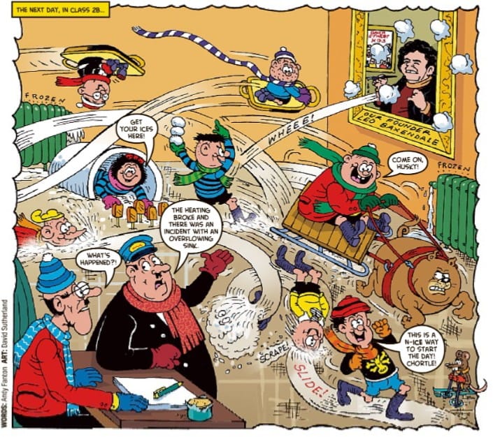 A David Sutherland panel "Bash Street Kids" writer Andy Fanton loves, from a Beano celebrating 65 years of the Bash Street Kids published in 2019. "Nothing gave me quite as much joy as writing the words, 'Large panel, classroom. Absolute chaos', says Andy, "because you'd know David would absolutely deliver. Love the details."