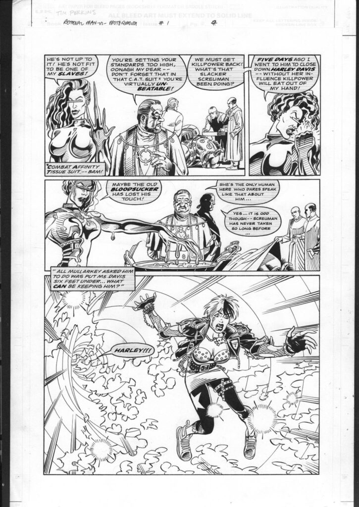 Page 4 from the unpublished Motormouth versus Removal Man, written by Glenn Dakin, drawn by Pedro Espinosa, inked by Tim Perkins. With thanks to Robert Bown