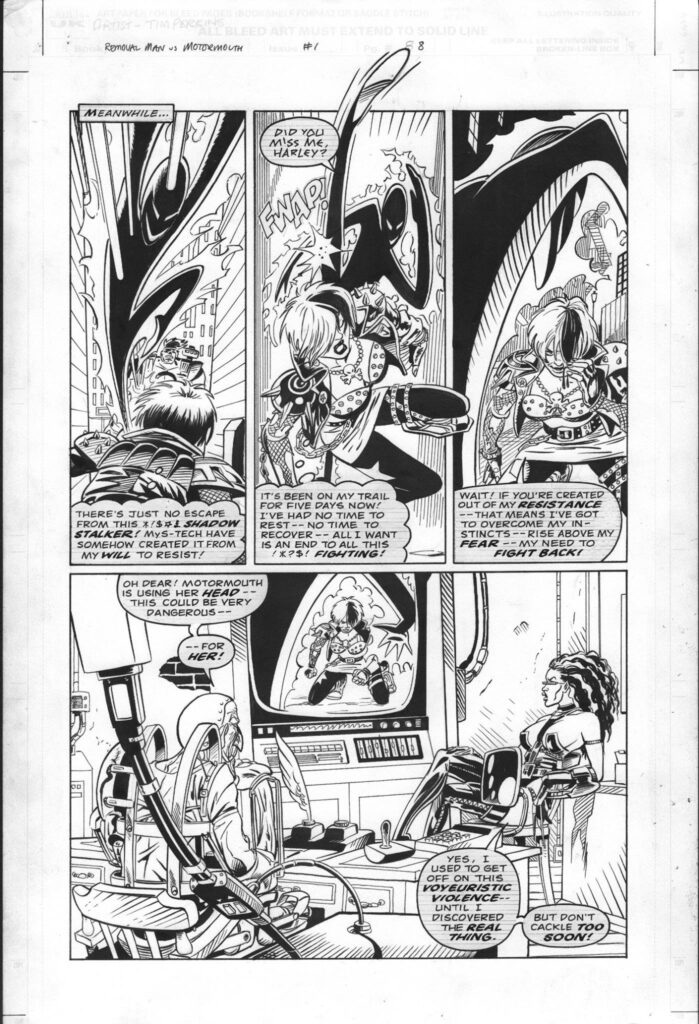 Page 8 from the unpublished Motormouth versus Removal Man, written by Glenn Dakin, drawn by Pedro Espinosa, inked by Tim Perkins. With thanks to Robert Bown