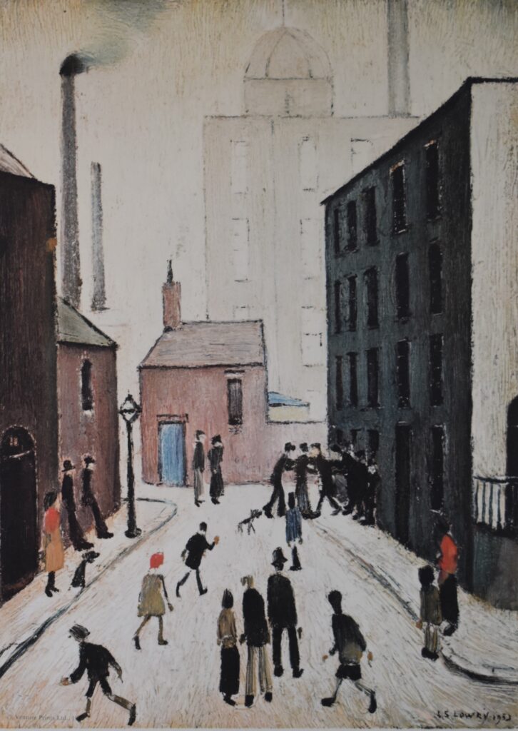 Lawrence Stephen Lowry (1887-1976) signed limited edition (of 850) print by Venture Prints Ltd illustrated scene (1953) with figures in a busy street with factory chimneys beyond, 38 x 26.5cm, in gilt frame (LS Lowry)