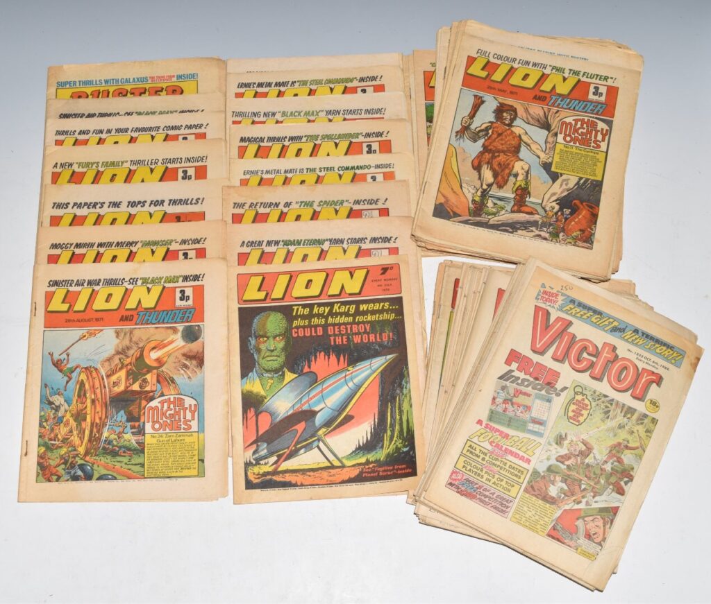 Sixty two mainly 70's adventure and humour comics including Victor, Lion, Warlord and Buster.