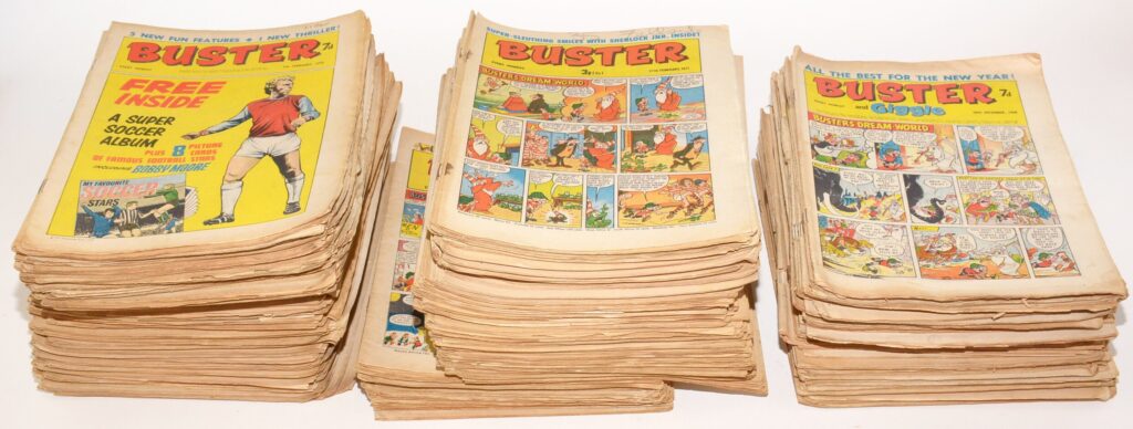 Buster, one issue from 28th December 1968; eighteen issues from 1969; thirty nine issues from 1970; forty seven issues from 1971; fifty two issues from 1972; forty four issues from 1973; five issues from 1975; and Buster Holiday Fun Special, no date, priced 15p