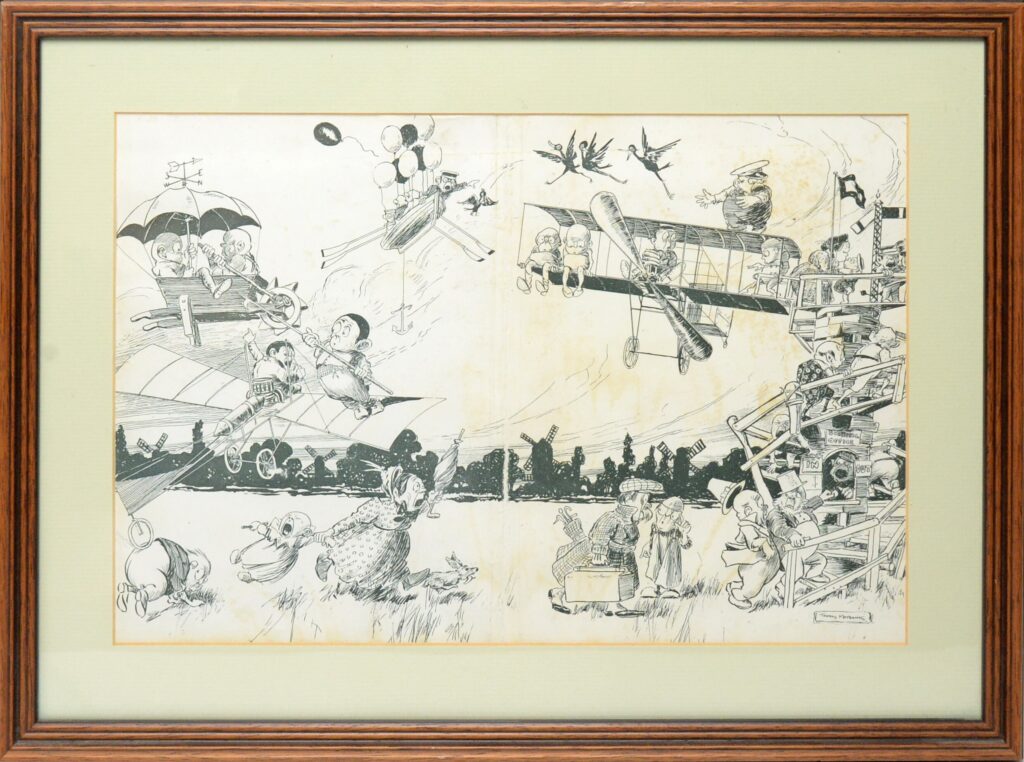 Thomas Maybank RA (1869-1929): original pen and ink, flying machines, signed, image 35 x 24cms, framed 45 x 35cms