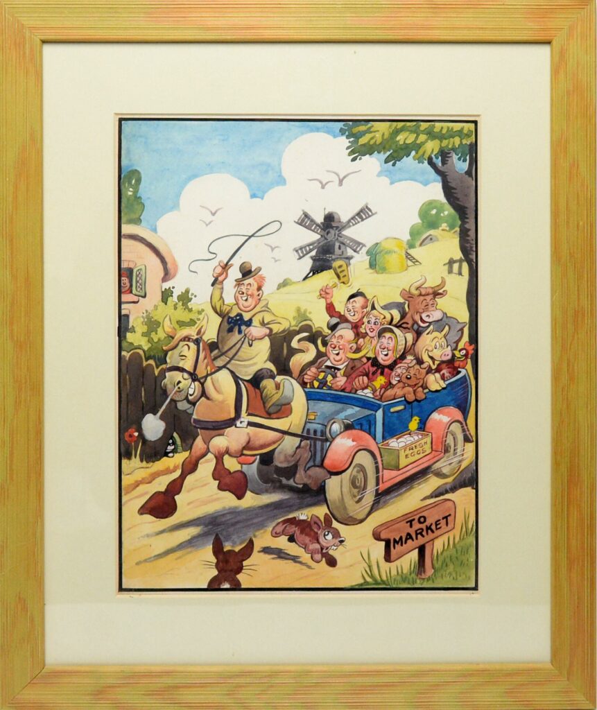Walter (Wally) Robertson "Robbie" (1892-1983); original watercolour illustration, 'Farmer Hayseed goes to the market in his one horsepower car', image 23 x 31cms, framed 39 x 47cms