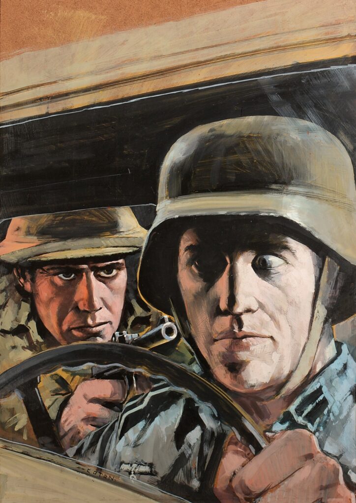 Original Art Work for the front cover of War Picture Library, No. 970 'Behind Enemy Lines', by Graham Coton, body colour on masonite (hardboard), signed, 54.5 x 38cms, unframed, originally published August 1974. Provenance: The Fleetway Publisher's Archive Collection of Peter Hansen