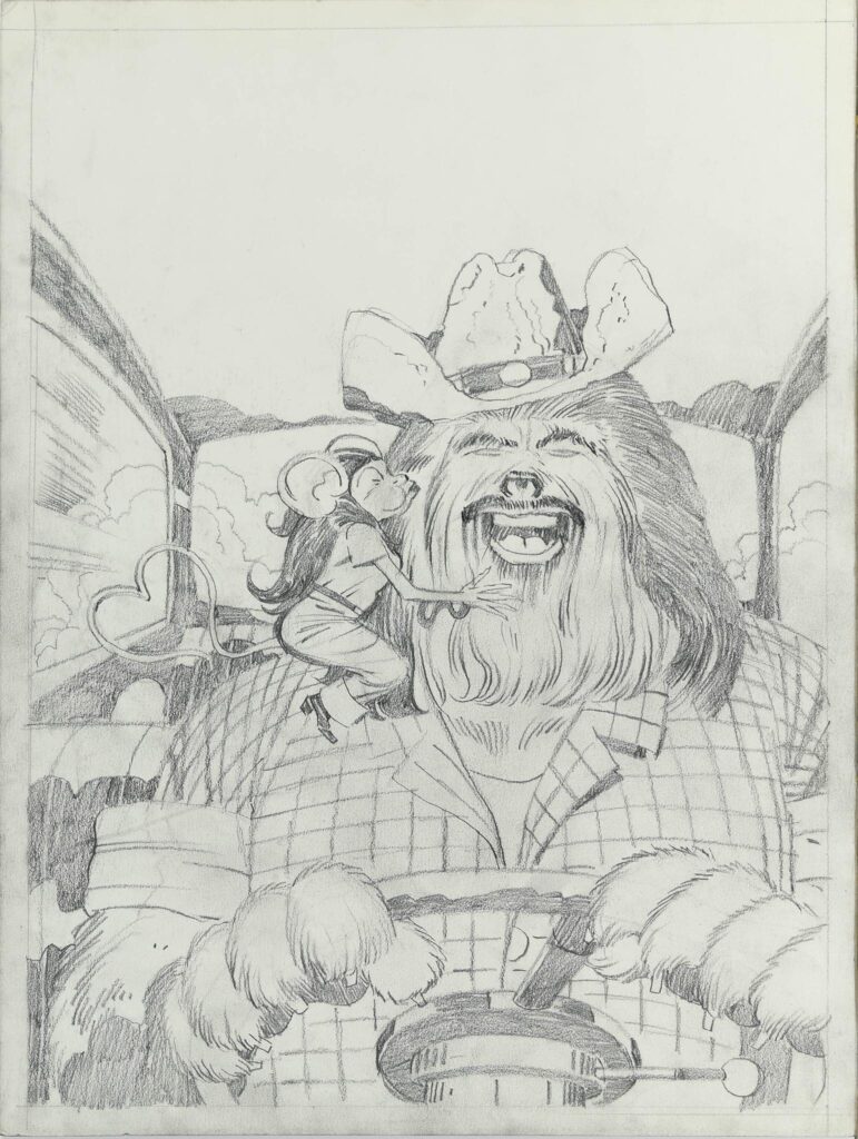 Country Lion, another Kirby cartoon that never made it to our TV screens. “I think that must be his girlfriend,” suggests comic archivist Paul Gravett in a Facebook post, “maybe 'City Mouse' with her heart-shaped tail! Love these Ruby-Spears concept artworks and Jack's energised pencils! We so need a complete book of these animation artworks from the 1980s.”