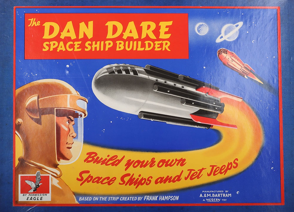 The Dan Dare Space Ship Builder Set, based on the strip created by Frank Hampson, manufactured by A.& M. Bartram A modern toy ‘Build your own space ships and jet jeeps’ metal tin plate construction parts and accessories in mint unused condition, still attached to backing card, with space toys blue prints catalogue, in a near mint original illustrated lidded box, an excellent example of this scarce set.