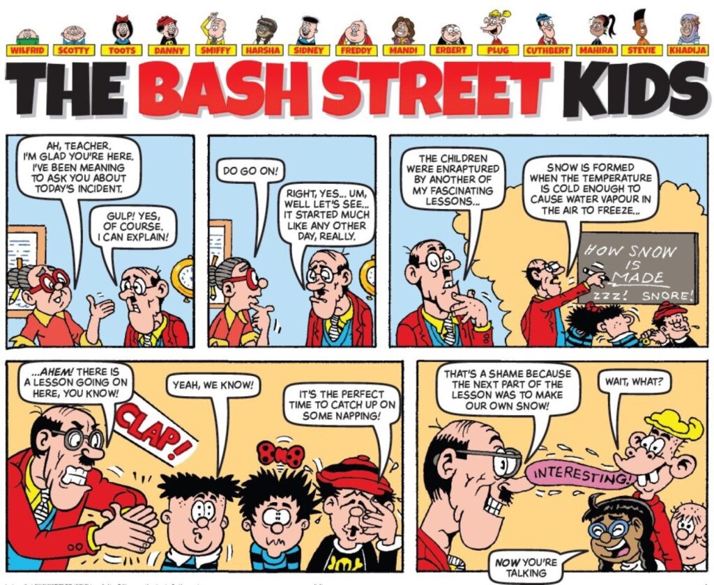 Panels from David Sutherland’s final Bash Street Kids illustration which will be published in the BEANO on Wednesday. Image: DC Thomson Media/ BEANO Studios