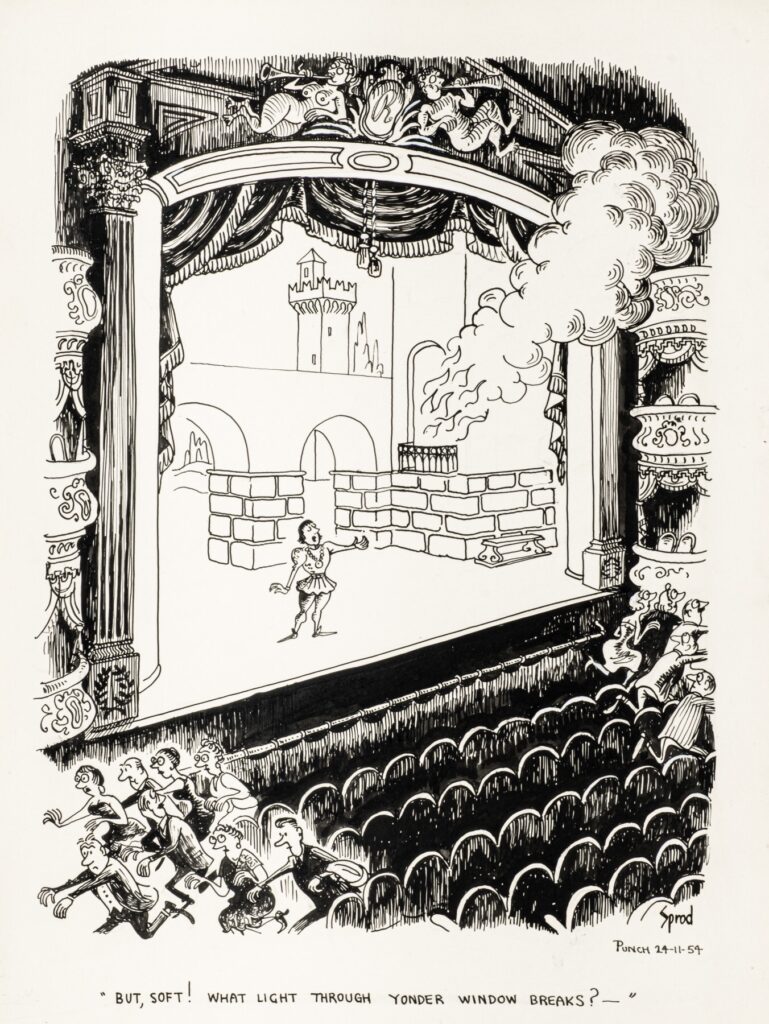 “But, soft! What light through yonder window breaks?” By George Sprod, for Punch, cover dated 14th November 1954