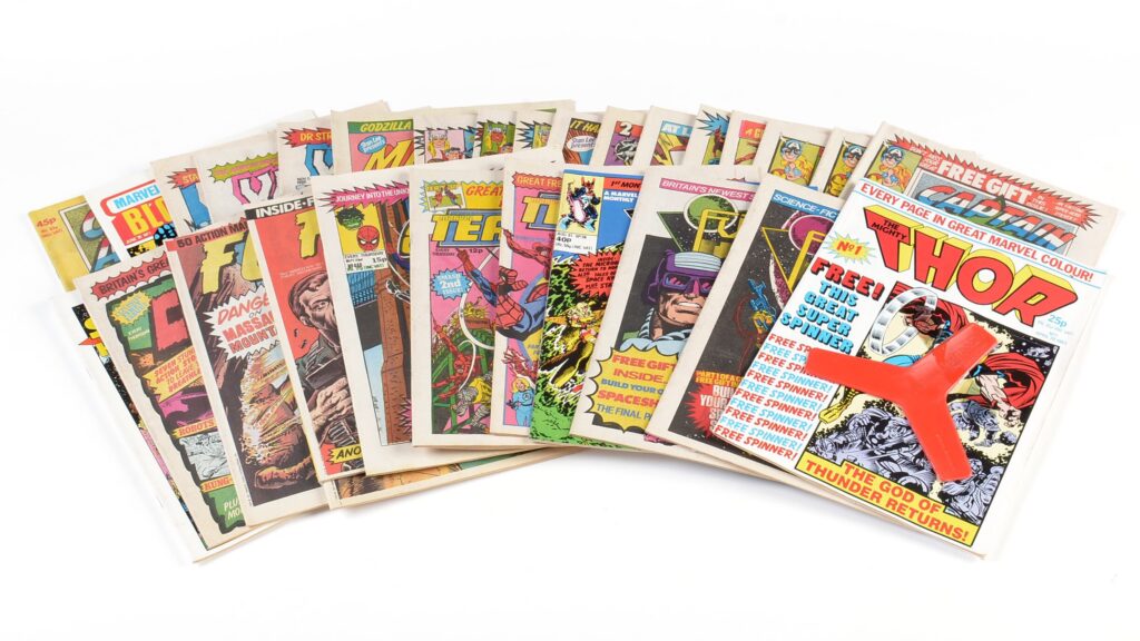 A variety of short run Marvel UK titles including Future Tense and Thor, the first issue of Thor with its free gift (Peter Hansen Collection)