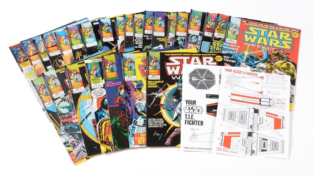 Copies of Marvel UK’s Star Wars Weekly, some with free gifts (Peter Hansen Collection)