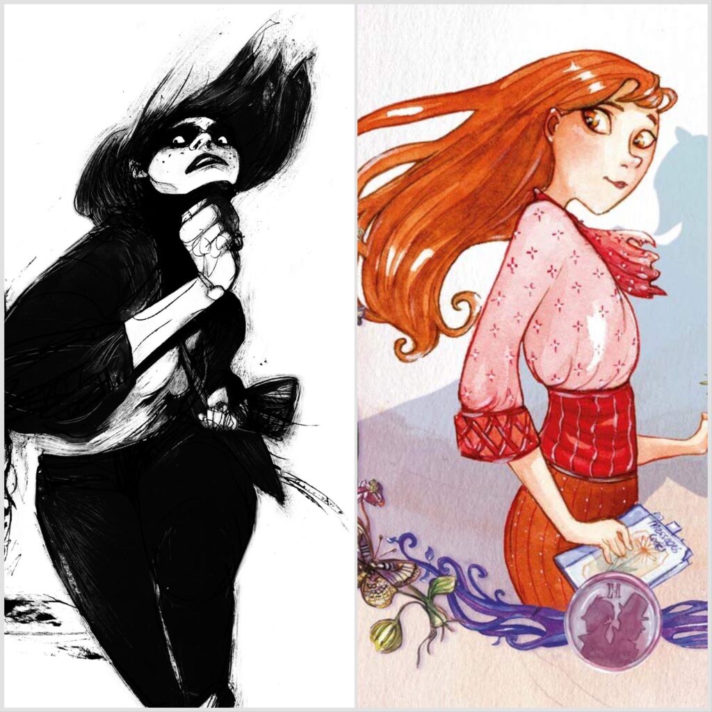 Art by Lucy Sullivan (“Barking”) and Lucie Arnoux (“Enola Holmes”)