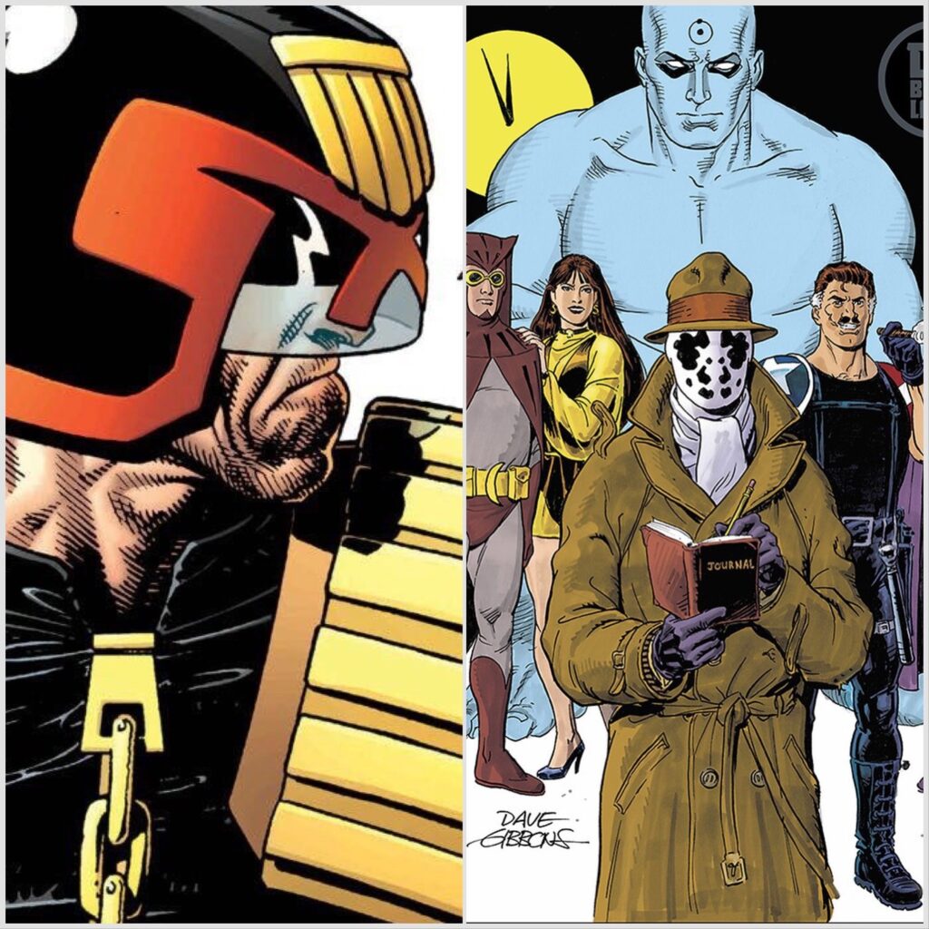Judge Dredd by Brian Bolland, Watchmen by Dave Gibbons