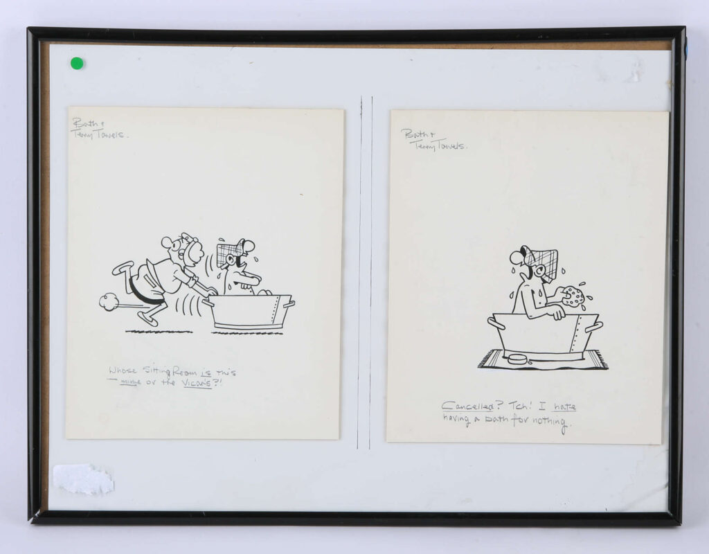 Andy Capp drawings by cartoonist Reg Smythe, two original pages, for 'Bath & Terry Towels', framed, overall 32 x 42 cm.