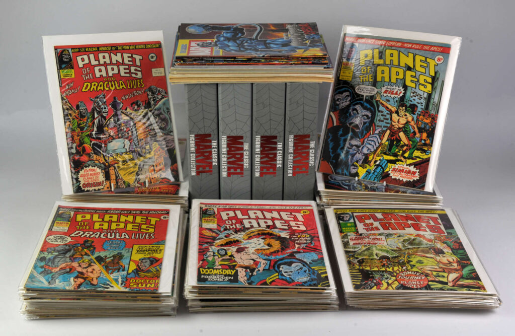 600 plus comics from the 1970s and later, including 2000AD, Scoop, Valiant, Crunch, Lion, Roy of the Rovers, Marvel, Warrior, Titans, Conan, Dracula Lives, Star Wars, Planet of the Apes and others.
