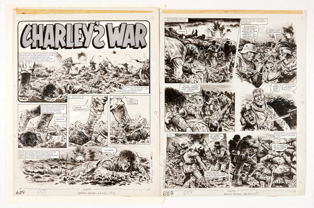"Charley's War" original art by Joe Colquhoun with script by Pat Mills for Battle-Action 263. October, 1916: "Operation Wotan" raged on with the British trying to retake "Wormwood Scrubs" and German reinforcements hurling them back towards "OId Kent Road"