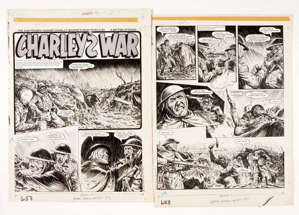 "Charley's War", art by Joe Colquhoun with script by Pat Mills for Battle-Action No. 257. October, 1916: The Germans were mounting a raid on the British lines the night Charley Bourne was on sentry duty. An exhausted Charley fell asleep and is about to be shot by his commanding officer...' Indian ink on card. 19 x 15 ins 