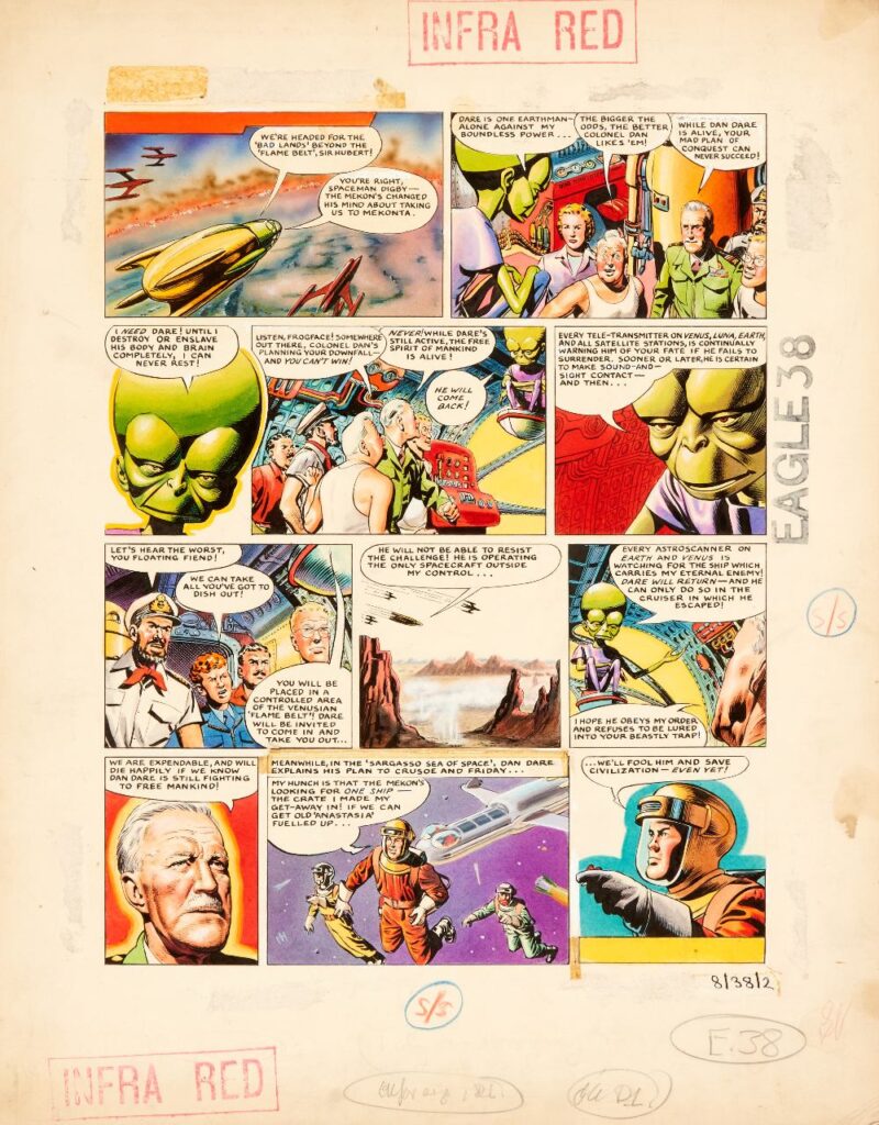 Dan Dare original art from the Eagle, from Volume 8 No 38, published in 1957. Art by Frank Hampson and Don Harley. The Mekon holds Sir Hubert, Digby, Professor Peabody and the rest of Dan's crew hostage to flush the Colonel out into the Venusian Flame belt but Dan, too, has a plan… 