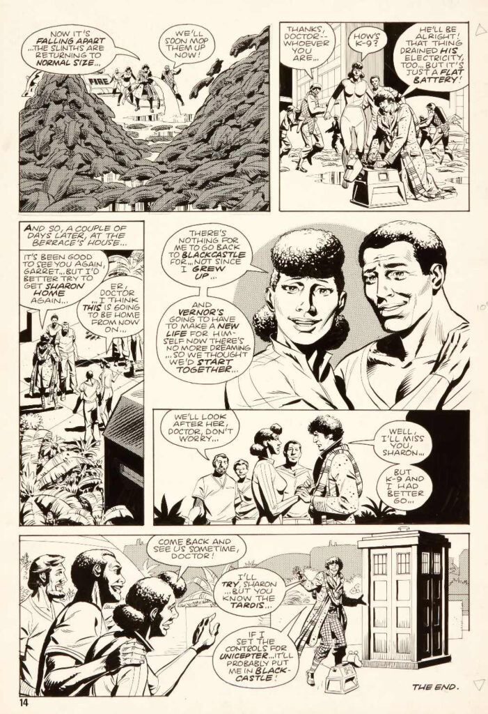 Art from the Doctor Who Monthly story "Dreamers of Death" by Dave Gibbons, from for Doctor Who Monthly No 48, published in 1981. With the dreaded Slinths finally defeated, K9 is re-energised and the Doctor's faithful assistant, Sharon finds new life with Vernor