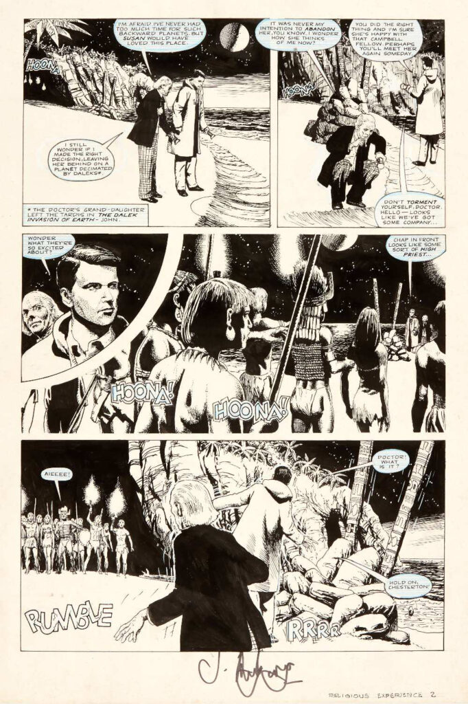 A page from the Doctor Who story, "A Religious Experience", written by Tim Quinn, drawn and signed by John Ridgway. This featured in the Doctor Who Yearbook 1994. The First Doctor and Ian enjoy an evening stroll along the beach on the planet Seetar in the Malachi System whilst Barbara and Vicki sleep in the TARDIS