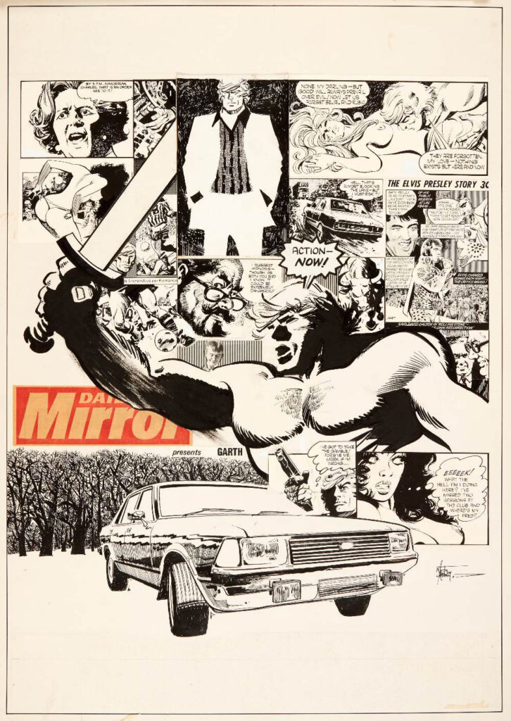 Garth original artwork (1976) illustrated and signed by Martin Asbury for the Daily Mirror. The original artwork is the central figure of Garth wielding a sword, Garth in a white suit and the car with forest background. The small panels are collage prints of Asbury's work