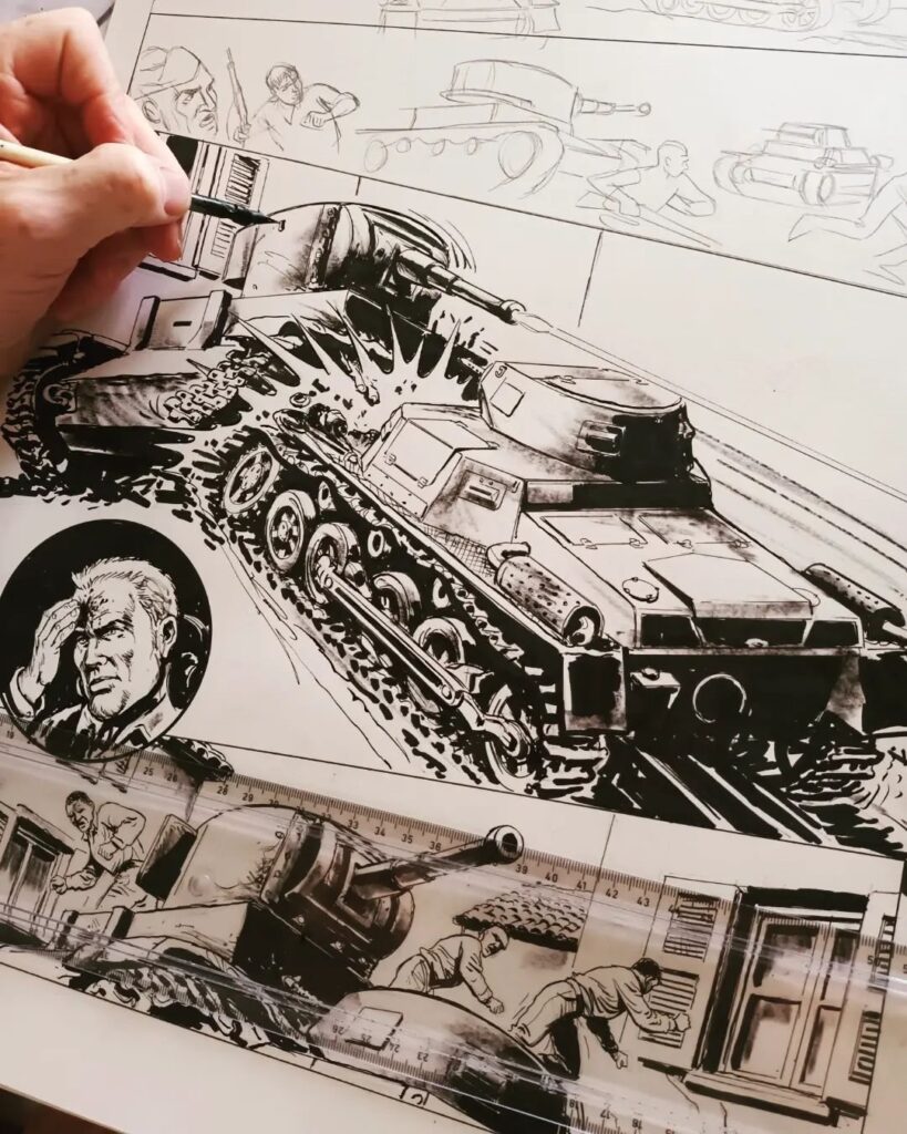 Artist Mike Dorey teased his work on the new "Hellman of Hammer Force" story last year, which sees Hellman of the Condor Legion involved the Spanish Civil War. The tease featured a first encounter between T-26 versus Mk 1 Panzer tanks