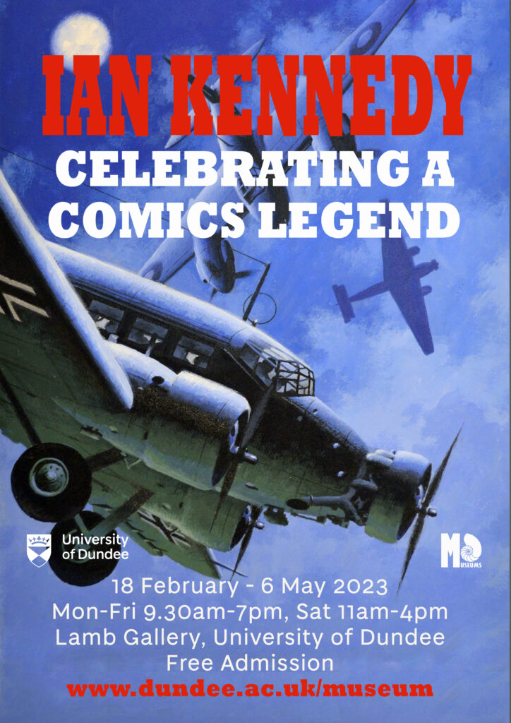 "Ian Kennedy - Celebrating a Comics Legend" featuring Ian's art for "Out of the Blue" published by  - Aftershock Comics, with Garth Ennis & Keith Burns (2018). The art features in the exhibition