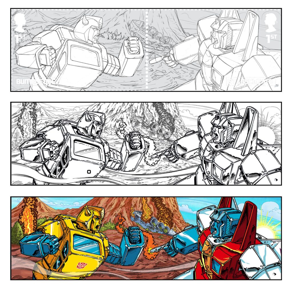 Work in progress on some Transformers Royal Mail stamps, released last year, featuring pencils by Andrew Wildman, inks by Stephen Baskerville and colour by JP Bove