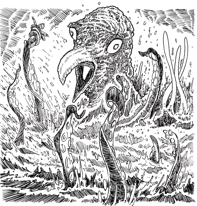 Talamander Issue One - art by Tim Brown. An aquatic monstrosity rises from the depths...
