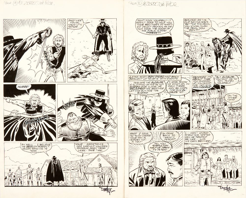 Zorro: two original artworks drawn and signed by Dave Taylor for Marvel UK's Zorro #9, published in 1990