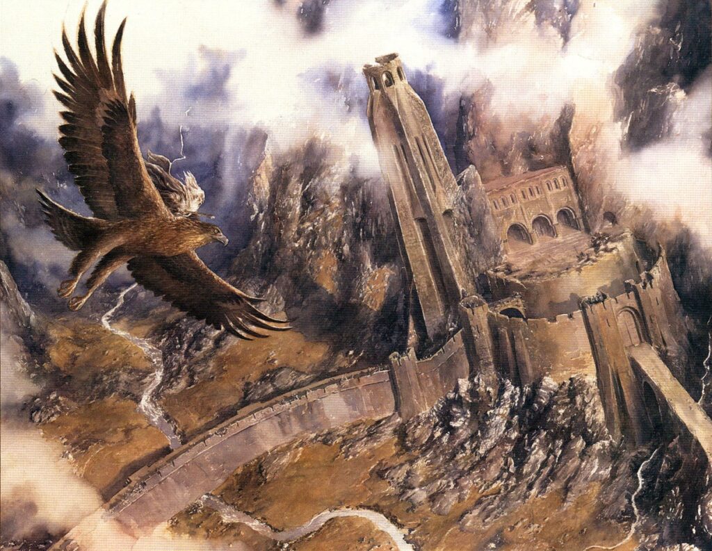 Lord of the Rings-inspired art by Alan Lee. Gandalf escapes on Gwaihir