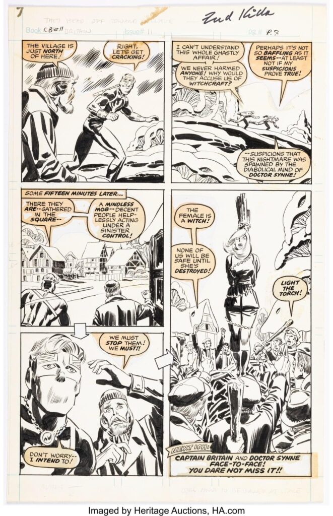A very evocative - and powerful - page from Captain Britain #11, featuring art by Herb Trimpe and Fred Kida, currently on offer on Heritage Auctions, along with other MUK art