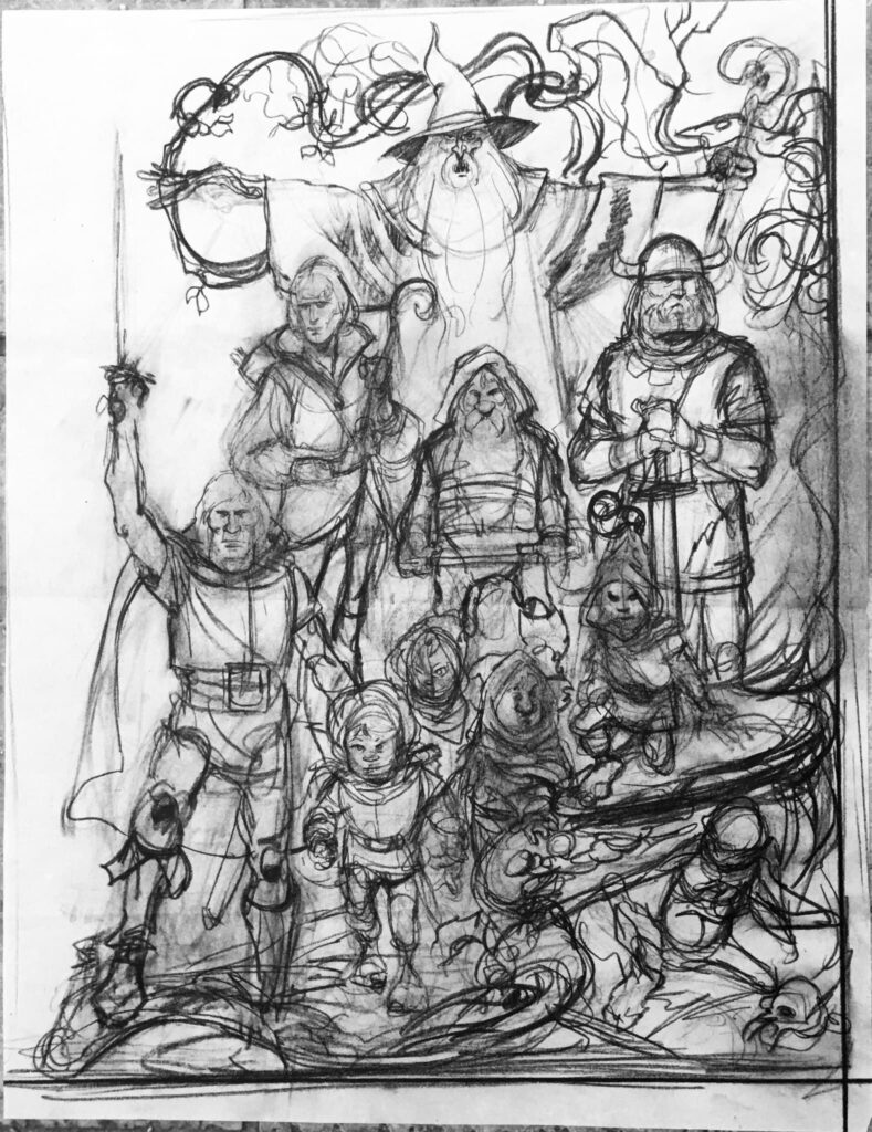 Mike Ploog’s one of a kind, rough, preliminary drawing of the famous promotional image of The Fellowship for the animated The Lord of the Rings, released in (1978)
