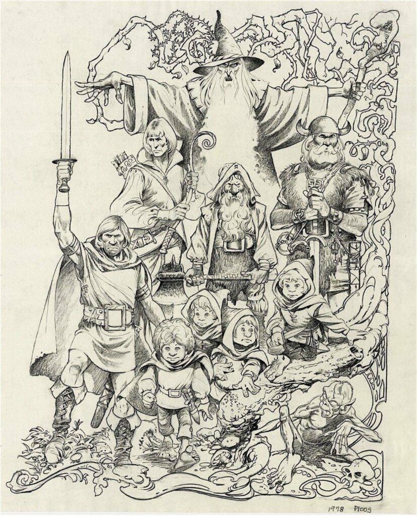 Lord of the Rings poster art by Mike Ploog. (United Artists, 1978) Vintage original concept sketch accomplished in pencil and charcoal on 14 x 17.5 in. artists' leaf visible through mat. By legendary designer, illustrator and comic artist Mike Ploog. Depicting Gandolf, Bilbo Baggins, Golem and other characters from J.R.R. Tolkien's fantastic universe. Exhibiting only light age and mild even toning. Unexamined out of frame. In vintage fine condition. Comes with vintage copies of the resulting poster and calendar cover. 