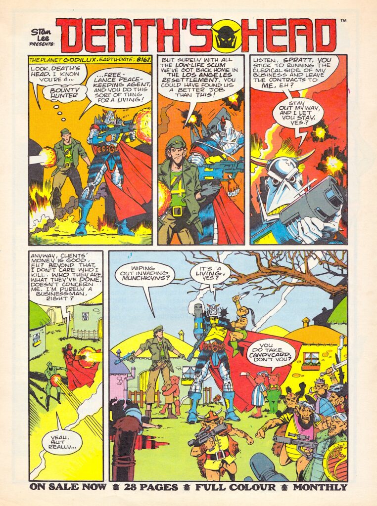 An early Death's Head advertorial strip drawn and lettered by Bryan Hitch, for Marvel UK, published in 1989 in various titles. "The whole point of these one pagers was to tell a story in one page using the creative team of the book. Only one editor misunderstood the brief!" recalls Richard Starkings, who planned the promotion