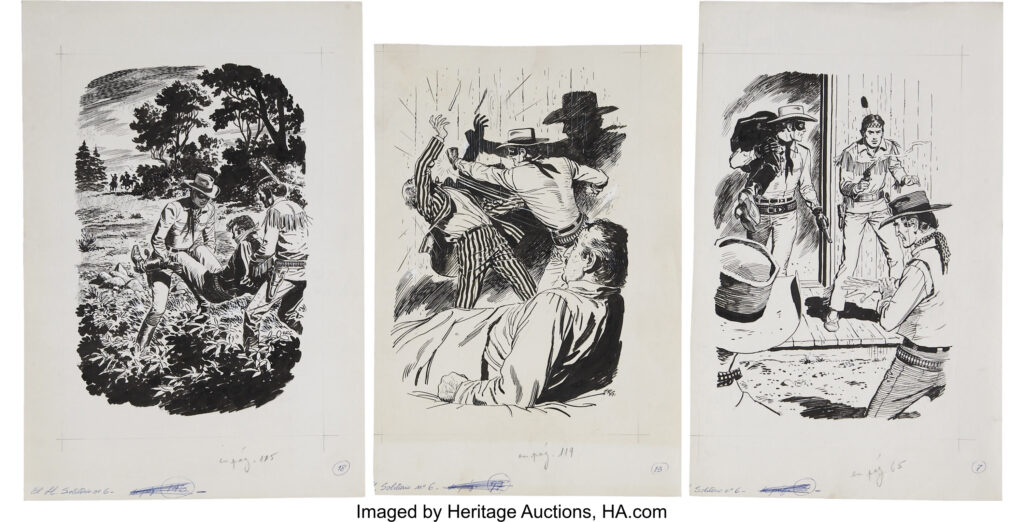 Illustrations for the Lone Ranger novel, El Barranco Ebrujado ("The Haunted Ravine"), published in Argentina by Acme. Art by Ernesto Garcia Seijas. Via Heritage Auctions, sold in 2008