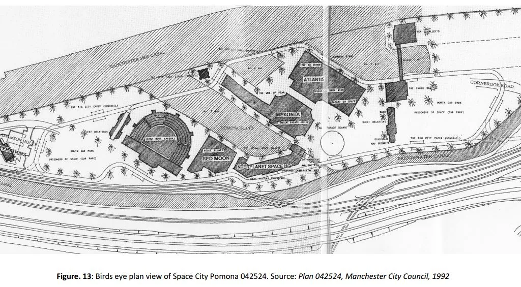 A plan of the proposed "Space City Pomona", an image taken from a planning application to Manchester City Council in 1992, No. 042524
