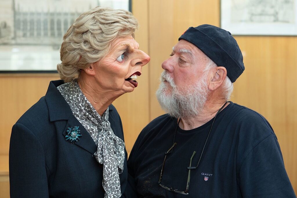 Spitting Image puppet Margaret Thatcher and series co-creator Roger Law
