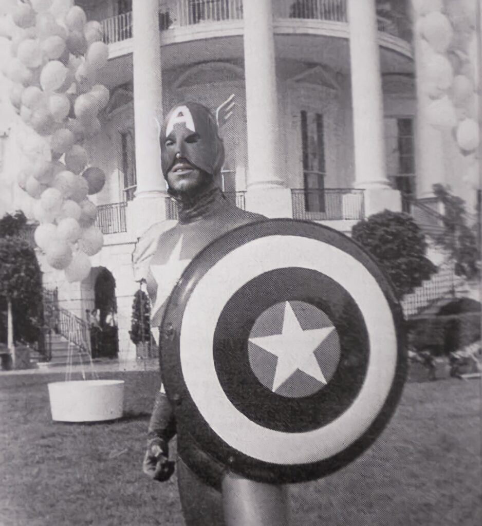 Jonathan Frakes on the White House lawn as Captain America, on 1st October 1980