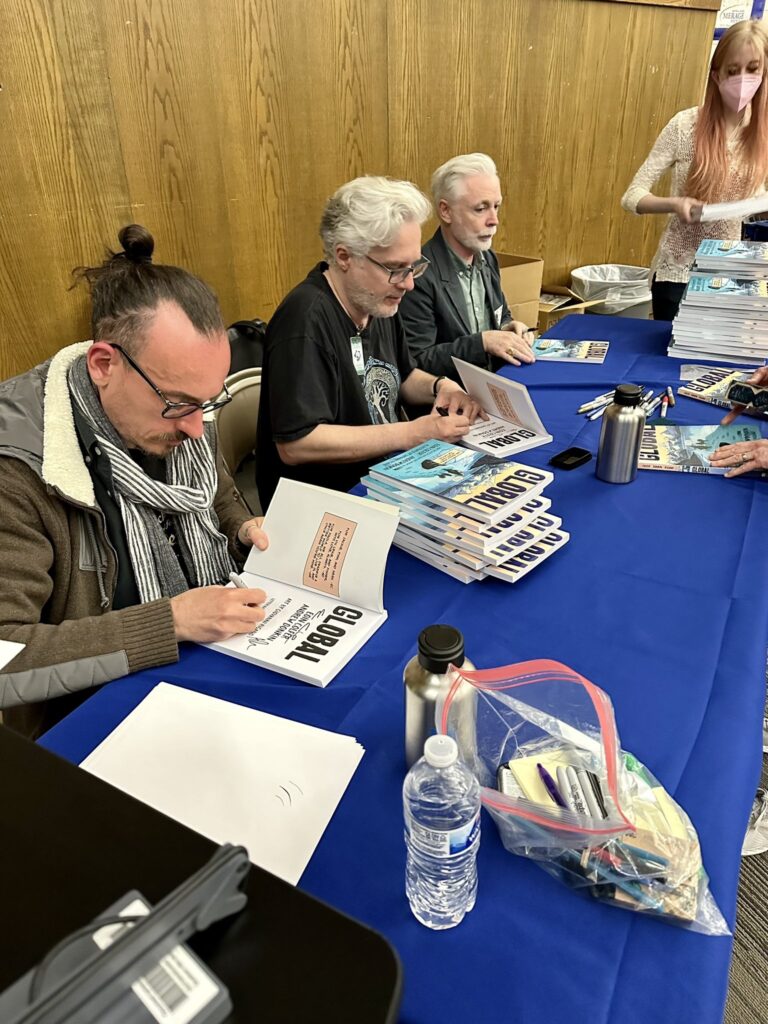 Giovanni Rigano, Andrew Donkin and Eoin Colfer signing copies of Global at Southern Hills Middle School, in Boulder, Colorado. Photo: Southern Hills Middle School, via Twitter