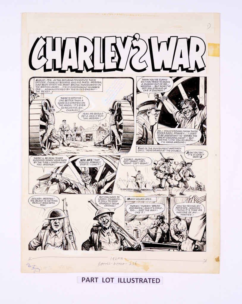 "Charley's War", complete episode by Joe Colquhoun with script by Pat Mills for Battle-Action 236, published in 1981. . August 1916. After refusing to execute their officer by firing squad, Charley Bourne and his mate, Weeper had been given the most brutal punishment in the British army… Field Punishment Number One… administered by their old enemy, The Beast. Indian ink on card. 19 x 15 ins (3 artworks)