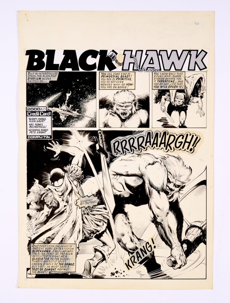 Black Hawk original artwork (1979) by Massimo Bellardinelli for 2000AD Prog 128. Black poster paint on card. 19 x 14 ins