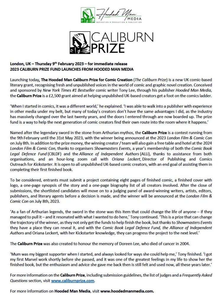 The Hooded Man Caliburn Prize for Comic Creation (aka The Caliburn Prize)