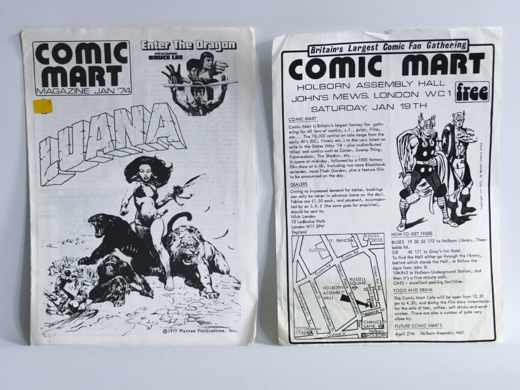 The first edition of Comic Mart Magazine, published in the UK in 1974. It features review of "Enter the Dragon" with Bruce Lee (1973). Also included is a programme for 'Comic Mart', described as  "Britain's Largest Comic Fan Gathering"