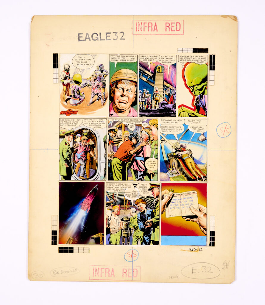 Dan Dare/Eagle original artwork (1957) by Frank Hampson and Don Harley Volume 8, from the story "Reign of the Robots".. Digby deceives the Mekon, but Dan and the crew are held prisoners on their own ship as the Treens lock an orbital flight-path to Earth… Bright gouache colours on board. 17 x 13 ins