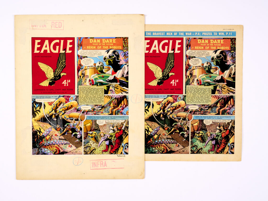 Dan Dare/Eagle original cover artwork (1957) by Frank Hampson with original comic Volume 8, No 46, pg 1. Dan and his crew are trapped in a pit, dug to trap the dreaded Selektrobots - most dangerous of the Mekon's mechanized monsters. They wait tensely as the clanking din of the giant clockwork killers draw near... Bright gouache colours on board. The Eagle masthead and square text boxes have been added as laser colour copies to complete the look of the artwork. 16 x 13 ins
