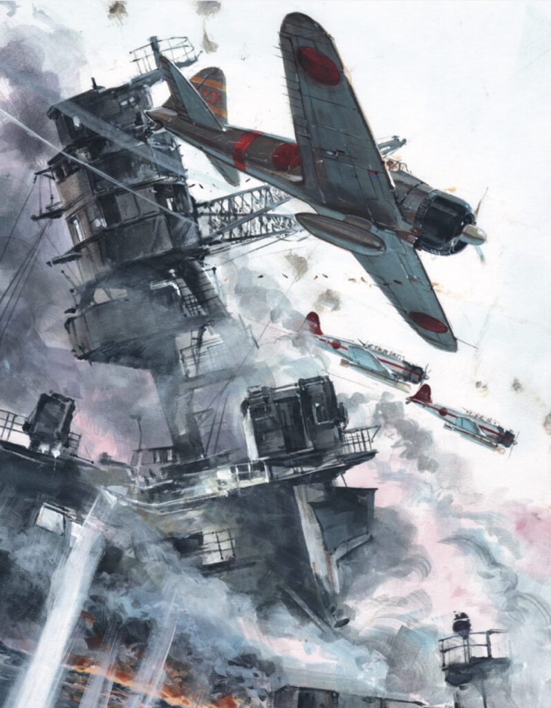 The Second World War: An Illustrated History by James Holland, illustrated by Keith Burns (2023) . The Japanese attack the United States Pacific Fleet Pearl Harbor by surprise on December 7, 1941. Image: Keith Burns