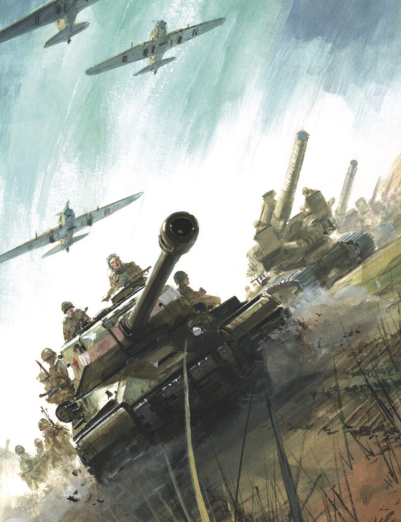 The Second World War: An Illustrated History by James Holland, illustrated by Keith Burns (2023) . Soviet troops advancing during Operation Bagration on the Eastern Front in the summer of 1944. Image: Keith Burns