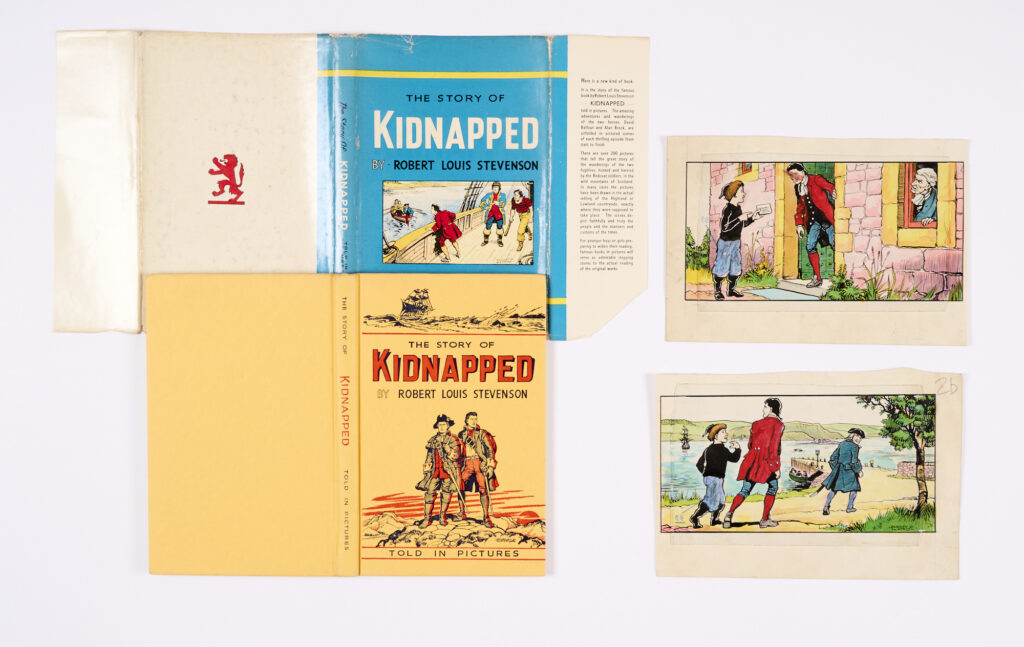 Kidnapped: two original artwork panels (1948) by Dudley Watkins (one signed) for Kidnapped 'Told In Pictures' book by DC Thomson, which is included in this lot. These panels were extended and painted in at Thomson's art department in 1953 for the early issues of Topper back cover adventure stories